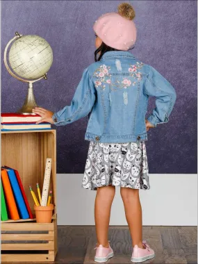 Girls Flower Embroidered Distressed Denim Jacket