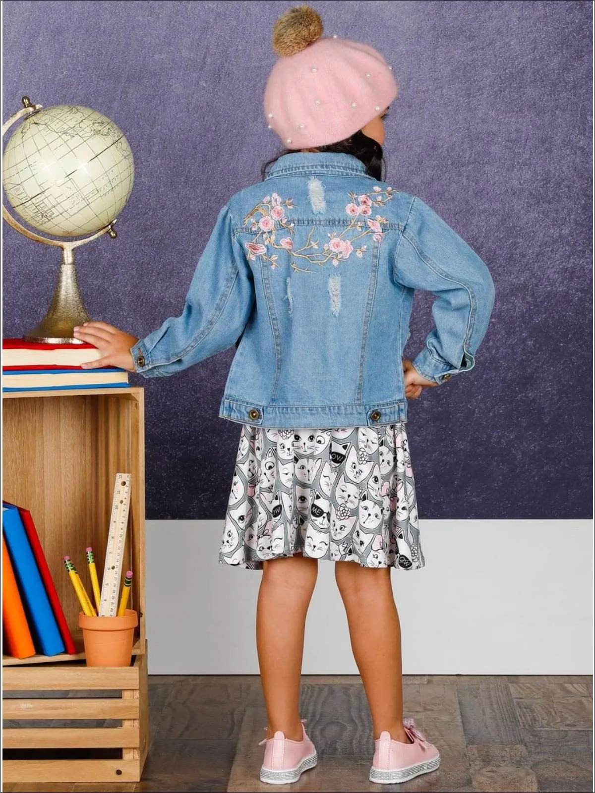 Girls Flower Embroidered Distressed Denim Jacket