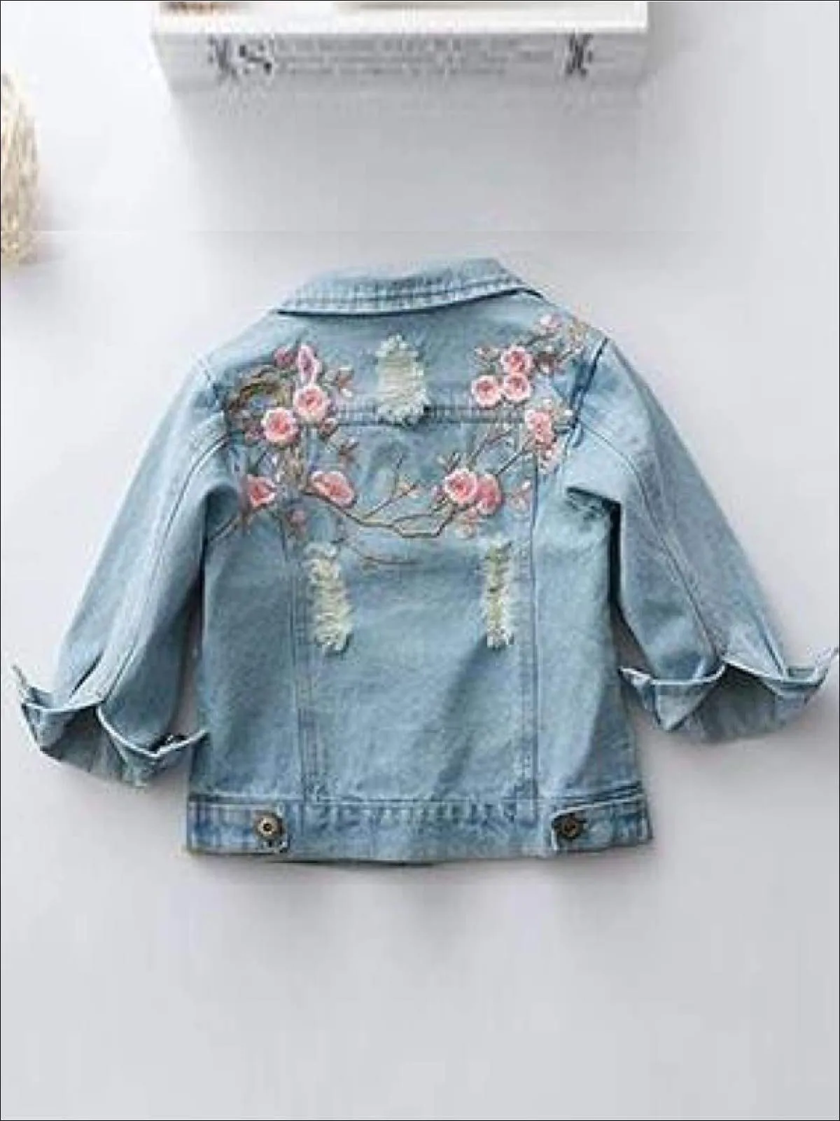 Girls Flower Embroidered Distressed Denim Jacket