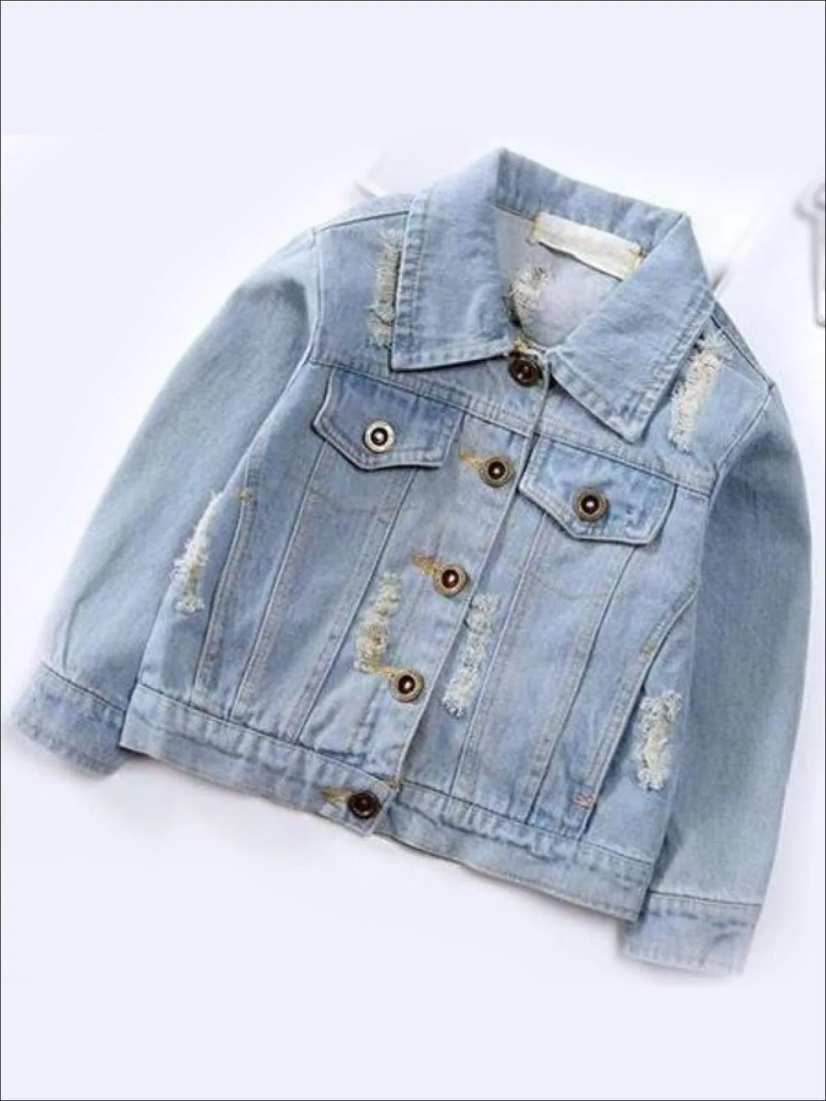 Girls Flower Embroidered Distressed Denim Jacket