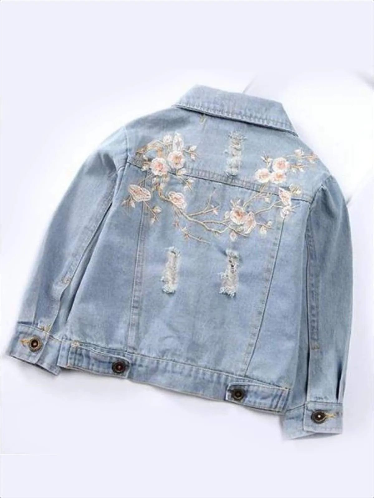 Girls Flower Embroidered Distressed Denim Jacket