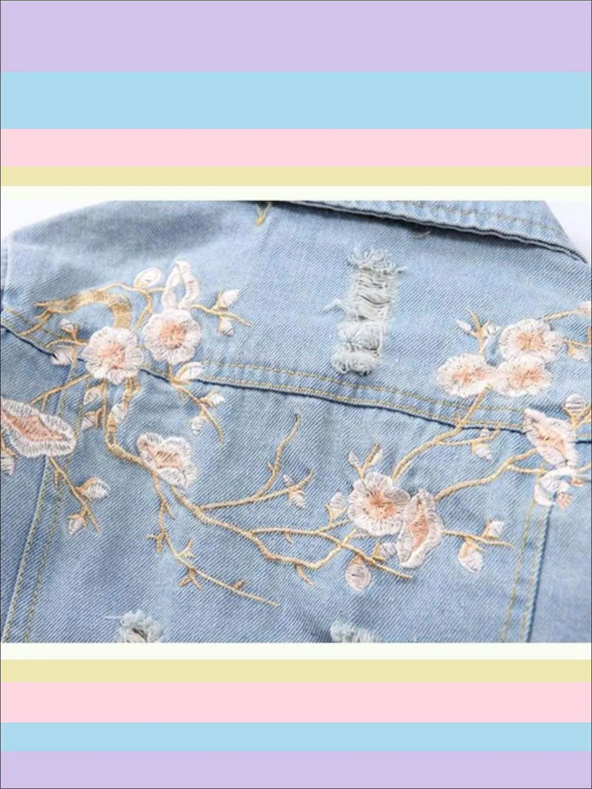 Girls Flower Embroidered Distressed Denim Jacket