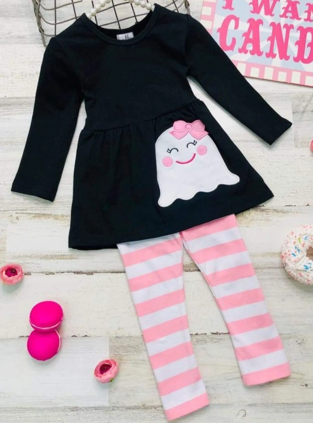 Girls Halloween Themed Long Sleeve Ghost Applique Tunic And Striped Legging Set