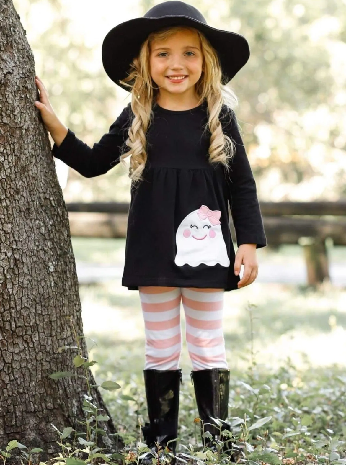 Girls Halloween Themed Long Sleeve Ghost Applique Tunic And Striped Legging Set