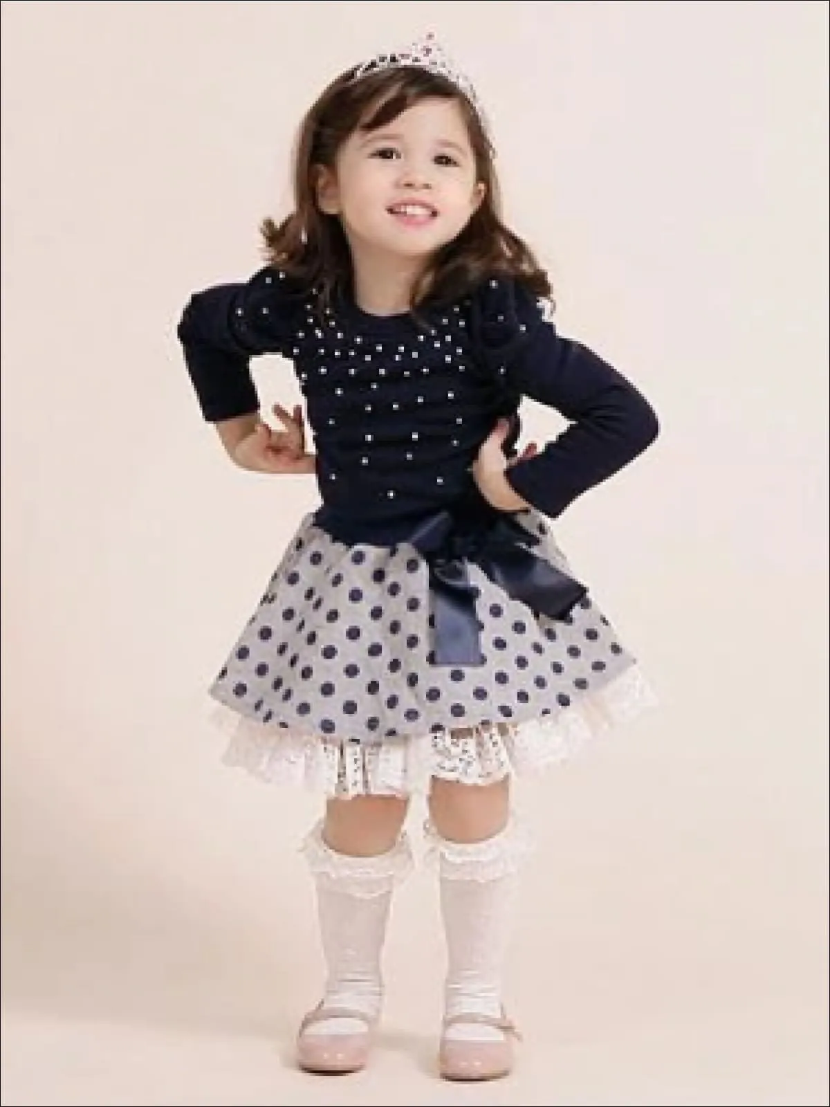 Girls Preppy Blue Embellished Sweater Top And Polka Dot Lace Trimmed Skirt Set