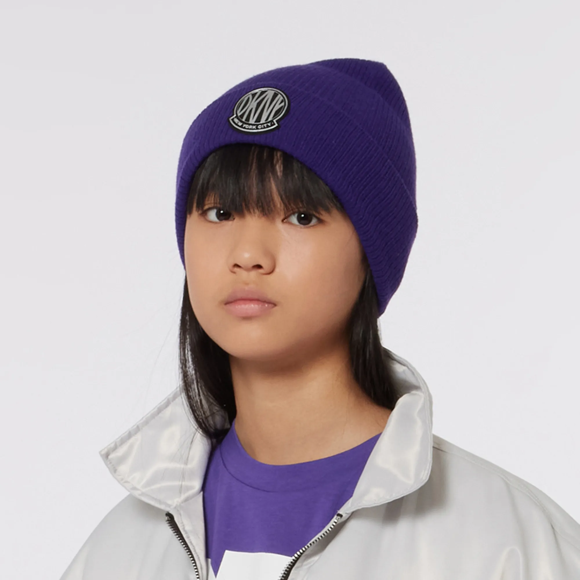 Girls Purple Viscose Knitted Beanie Hat