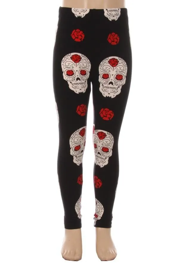 Girls Rose Skull Leggings, Kids Yoga Pants, Sizes S/L, No-Roll Waist, Black/White