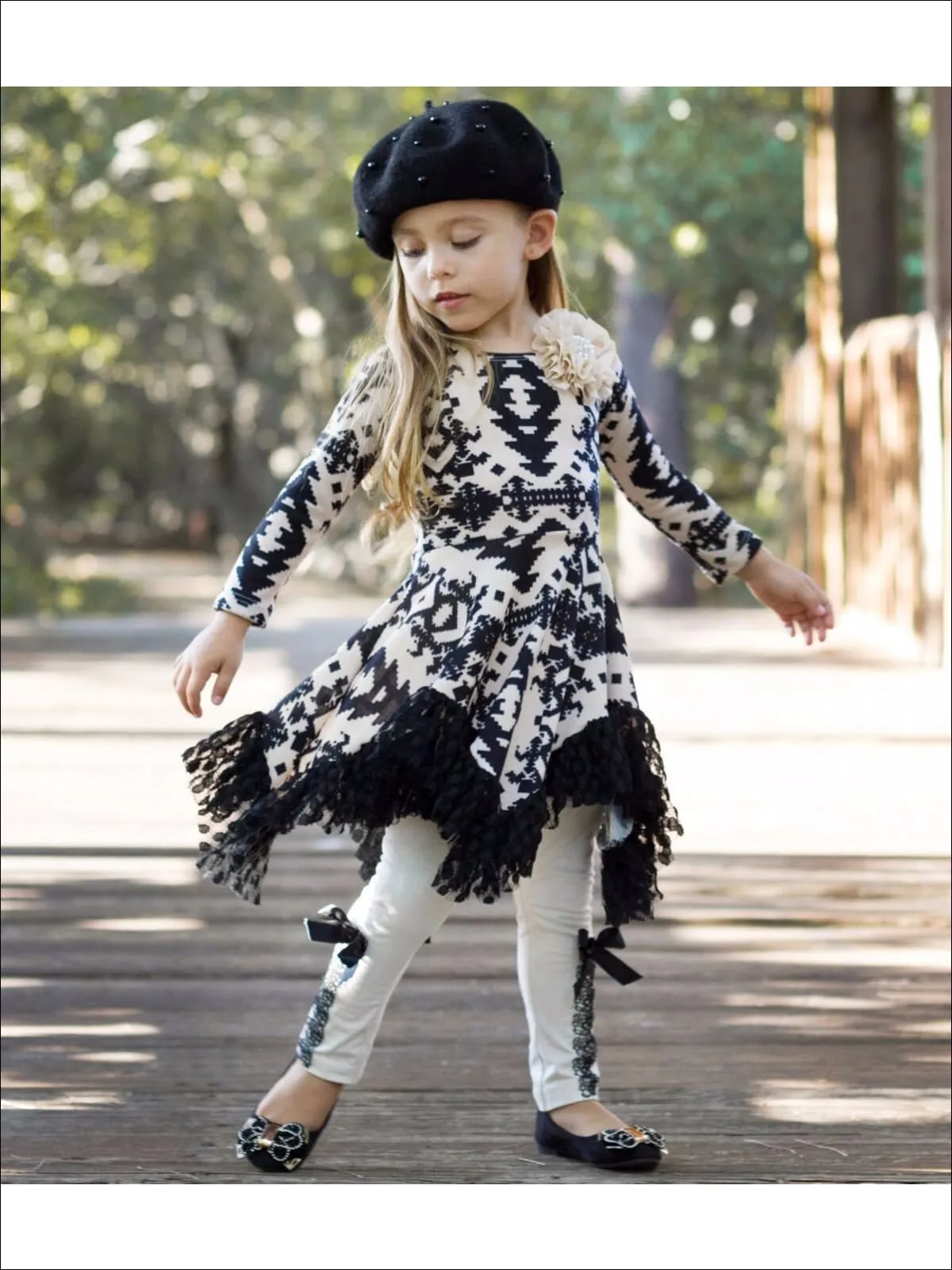 Girls Taupe And Black Printed Handkerchief Tunic And Legging Set