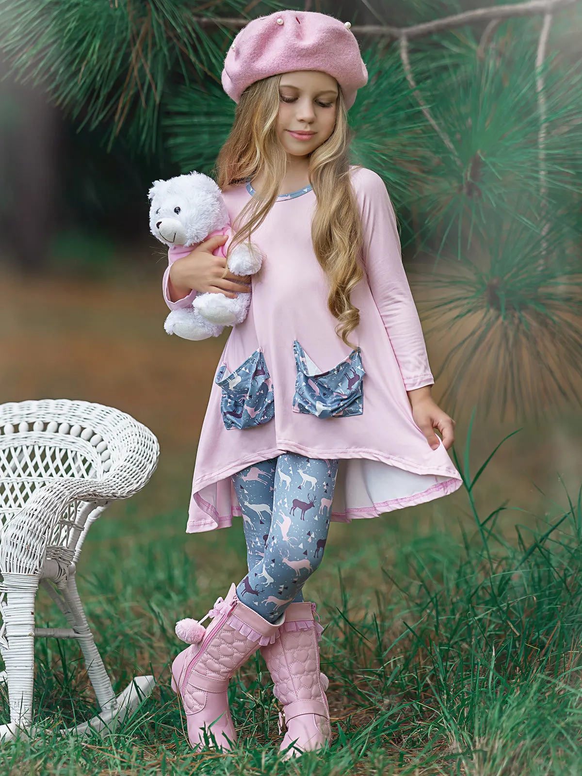 Girls Winter Themed Hi-lo Long Sleeve Tunic with Printed Slouchy Pockets And Matching Legging Set