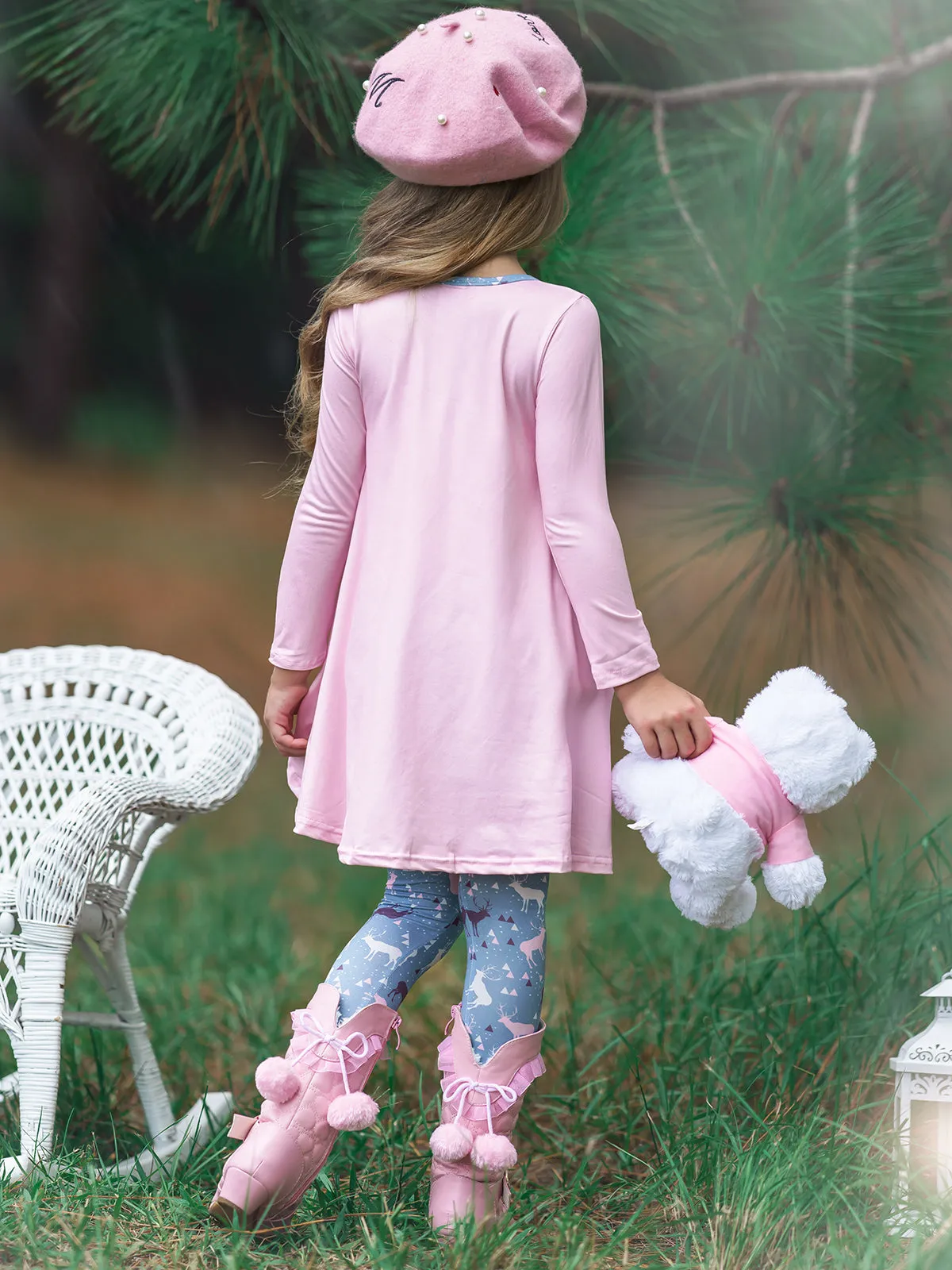 Girls Winter Themed Hi-lo Long Sleeve Tunic with Printed Slouchy Pockets And Matching Legging Set