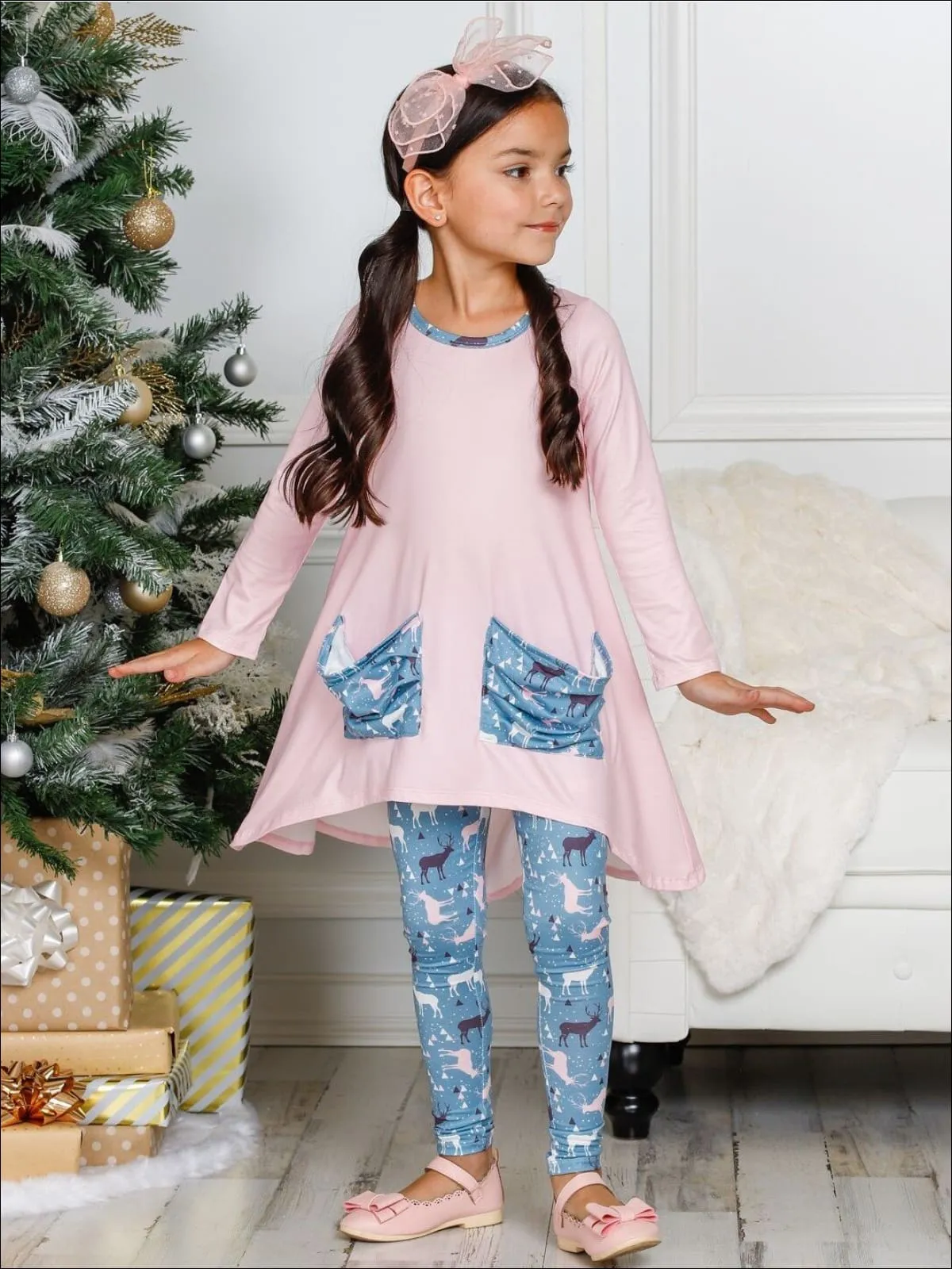 Girls Winter Themed Hi-lo Long Sleeve Tunic with Printed Slouchy Pockets And Matching Legging Set