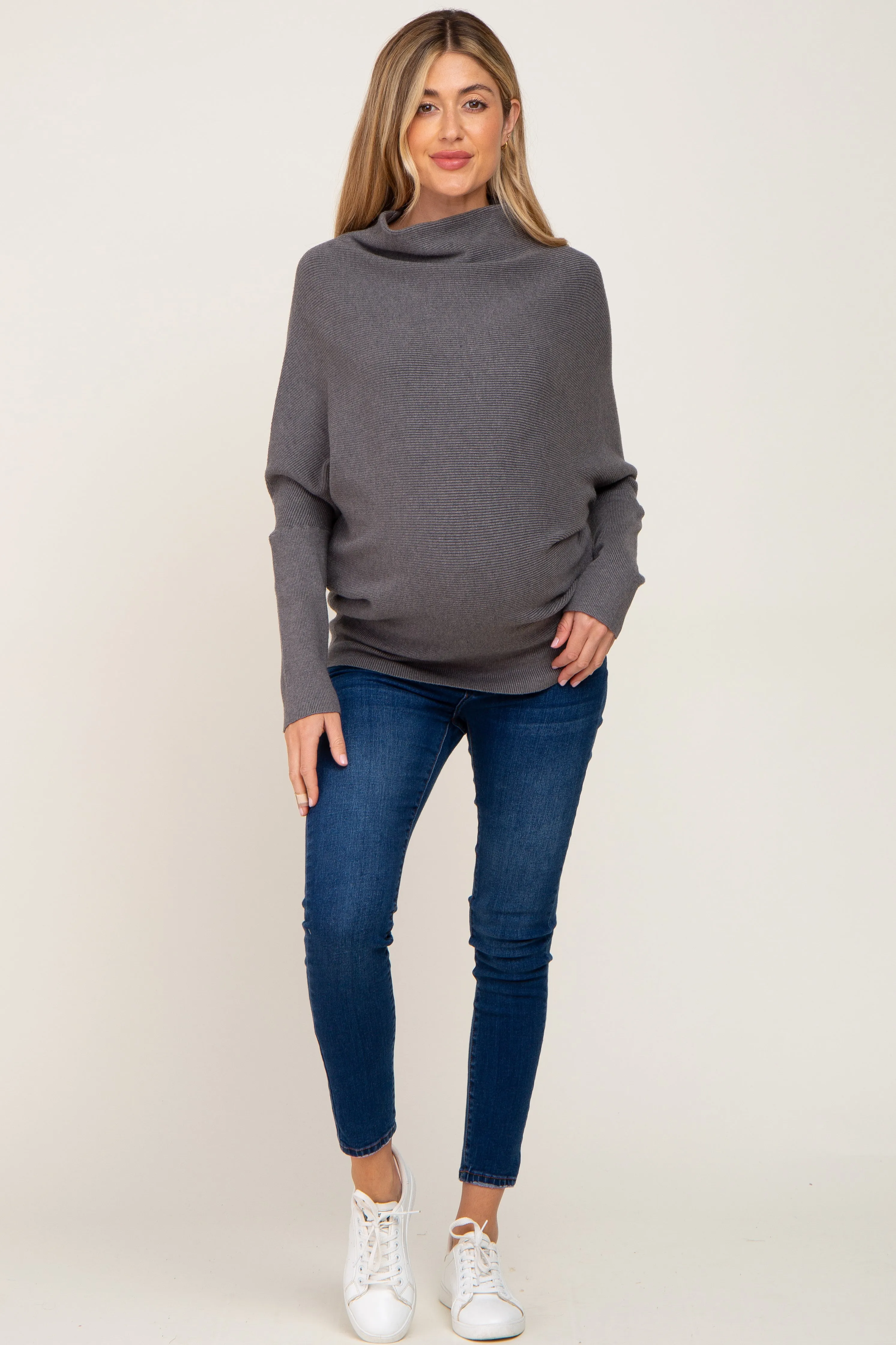 Grey Funnel Neck Dolman Sleeve Maternity Sweater