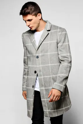 Grey Wool Mix Check Overcoat | boohooMAN UK