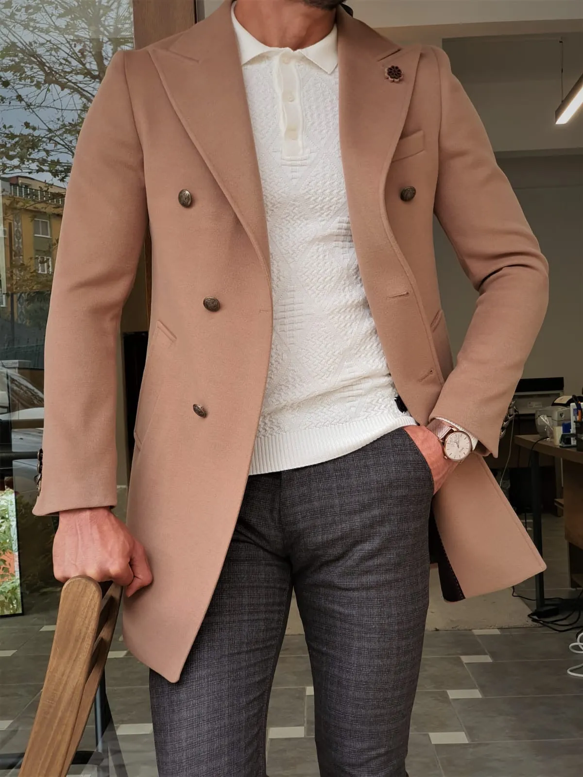 Henderson Beige Slim Fit Wool Long Coat