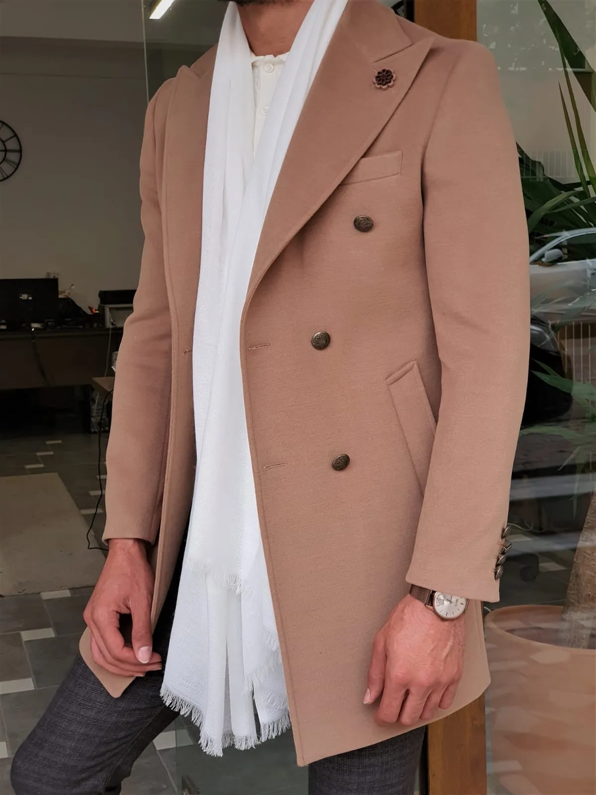 Henderson Beige Slim Fit Wool Long Coat