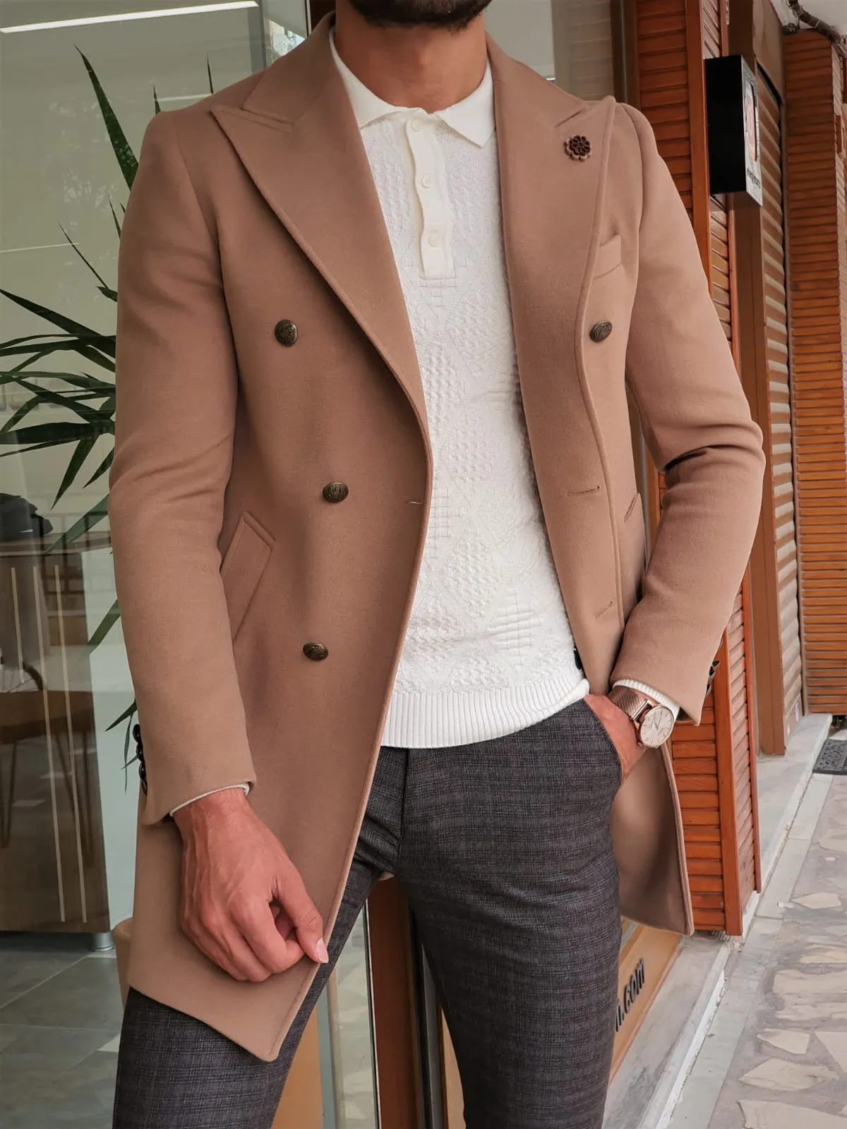 Henderson Beige Slim Fit Wool Long Coat