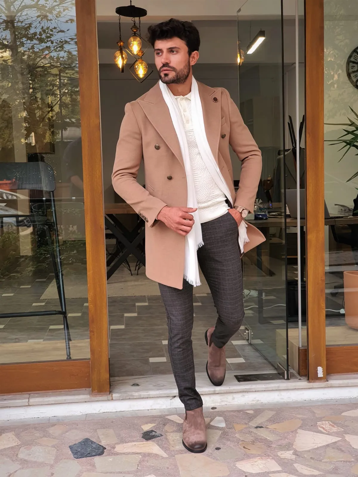 Henderson Beige Slim Fit Wool Long Coat