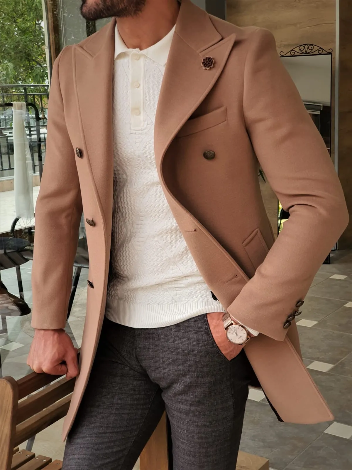 Henderson Beige Slim Fit Wool Long Coat