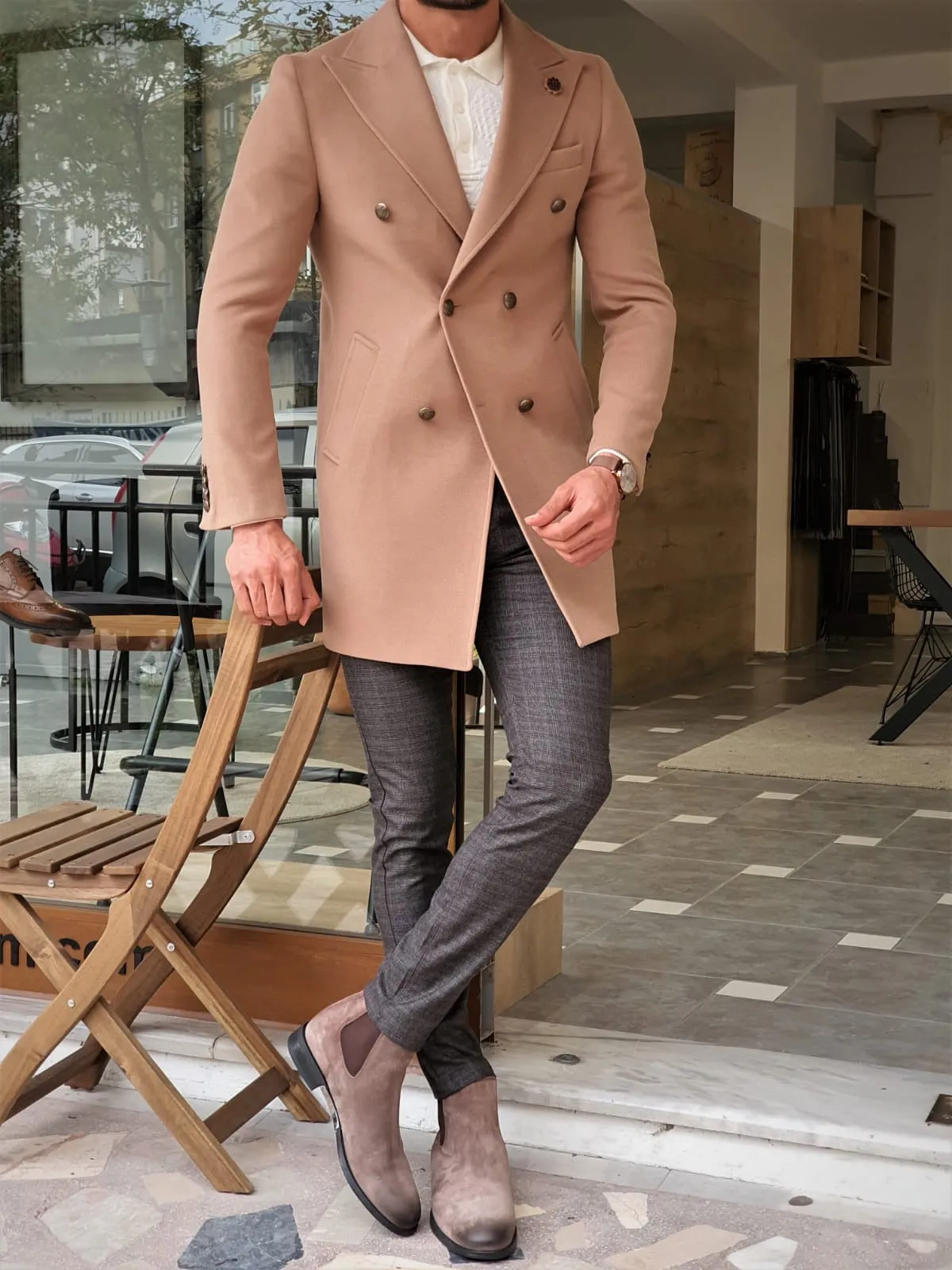 Henderson Beige Slim Fit Wool Long Coat