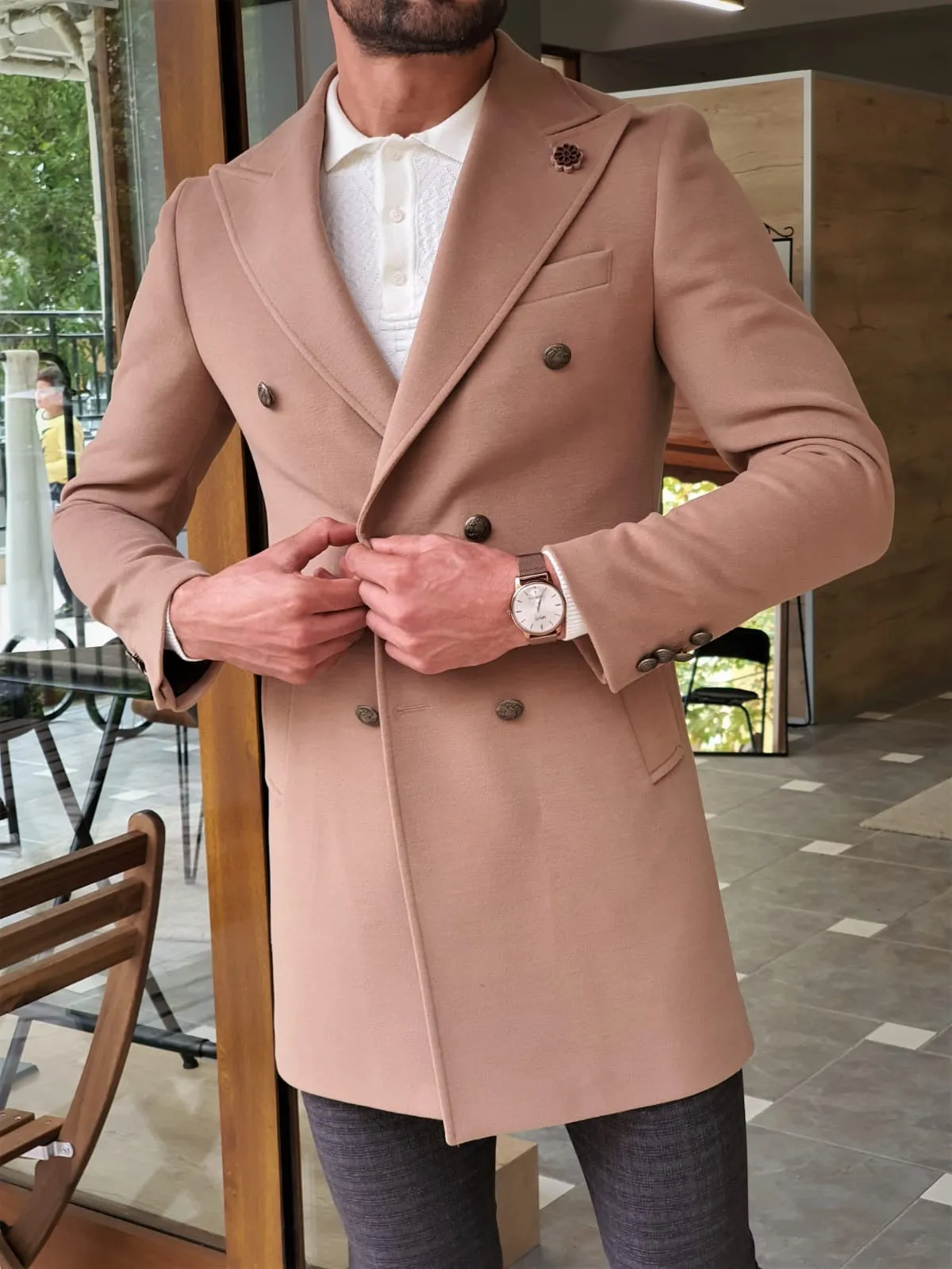 Henderson Beige Slim Fit Wool Long Coat