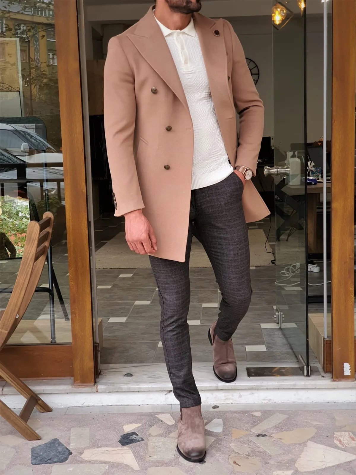 Henderson Beige Slim Fit Wool Long Coat