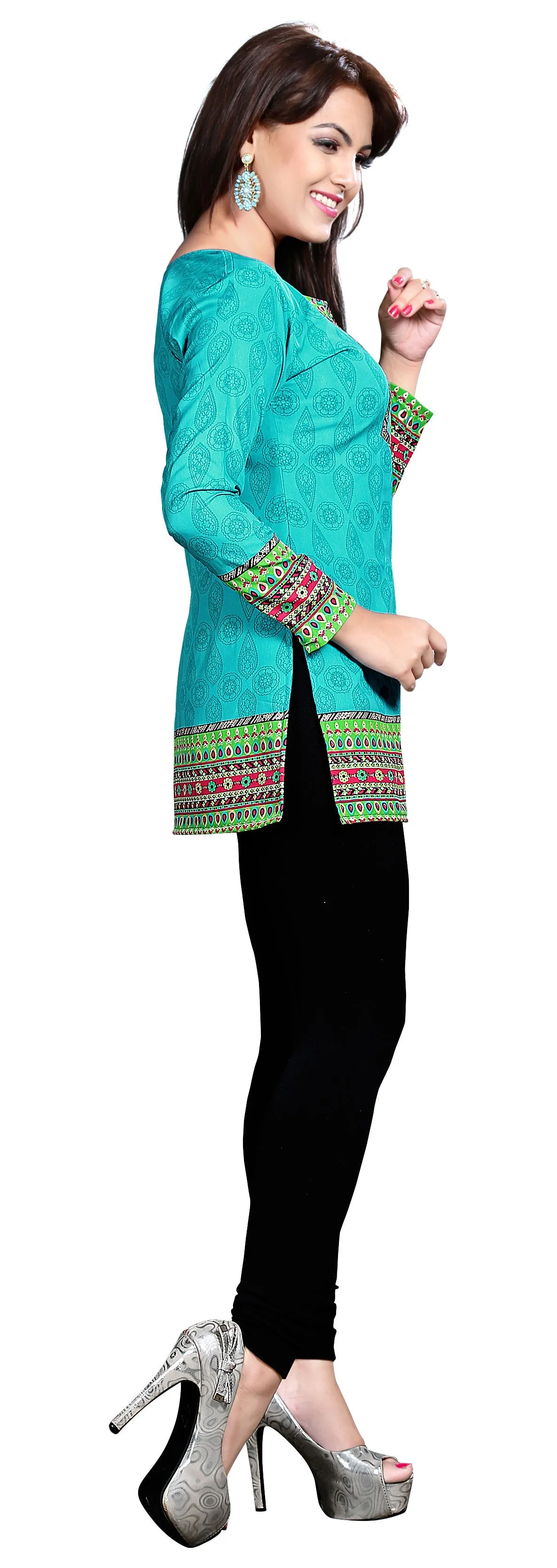 Indian Long Kurti Top Tunic Printed Womens India Clothes (Green)