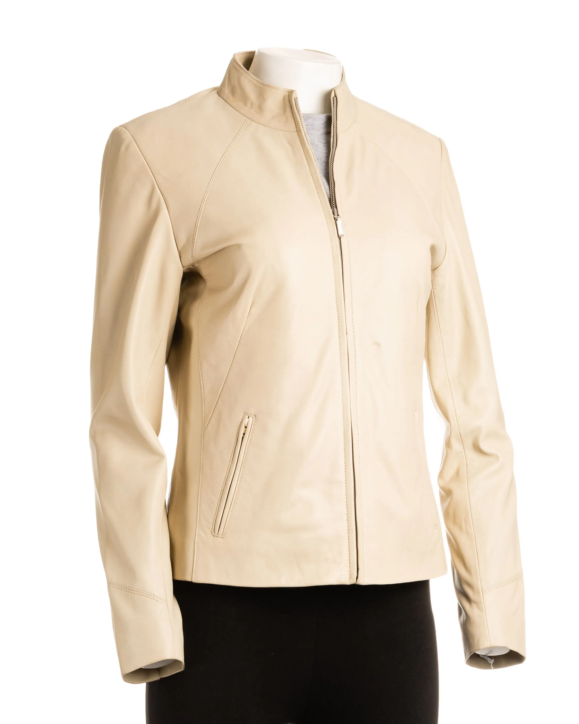 Ladies Tan Plain Short Zipped Leather Jacket: Angelina