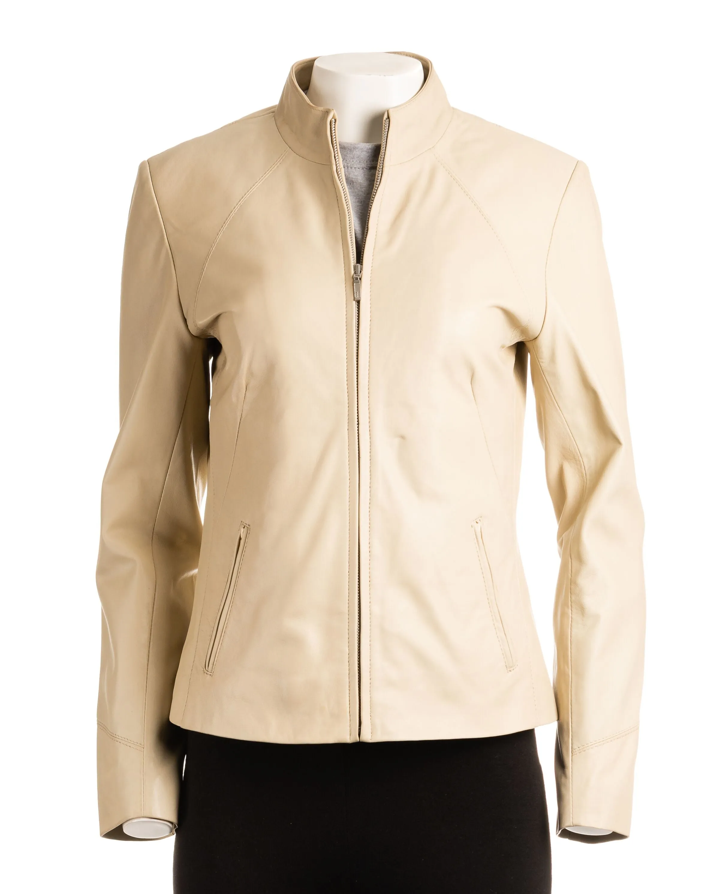 Ladies Tan Plain Short Zipped Leather Jacket: Angelina