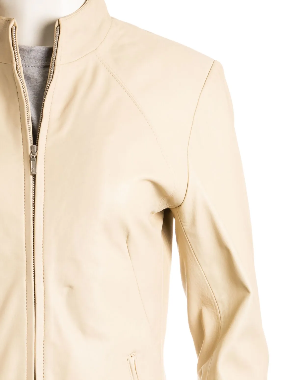 Ladies Tan Plain Short Zipped Leather Jacket: Angelina