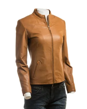 Ladies Tan Plain Short Zipped Leather Jacket: Angelina