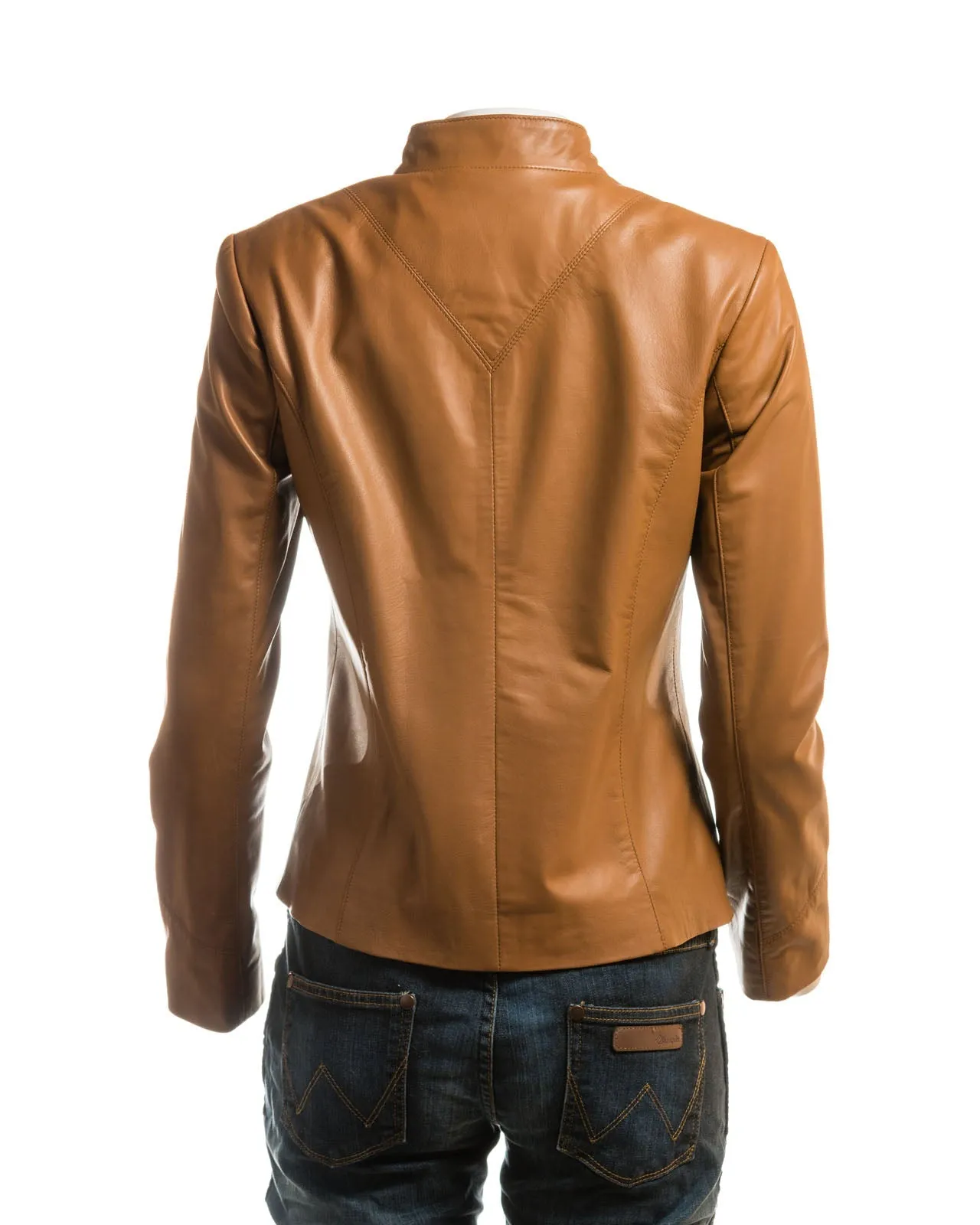 Ladies Tan Plain Short Zipped Leather Jacket: Angelina