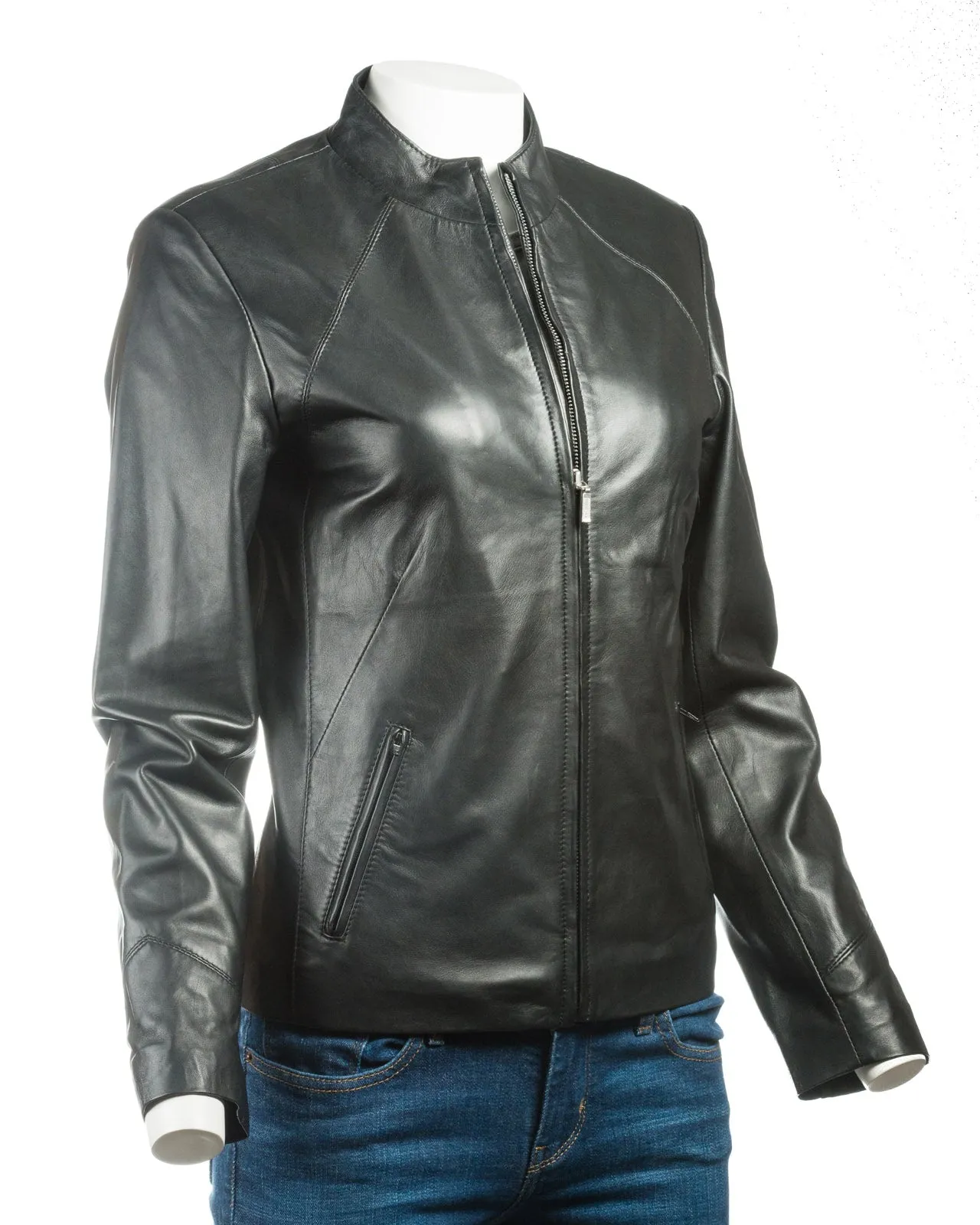 Ladies Tan Plain Short Zipped Leather Jacket: Angelina