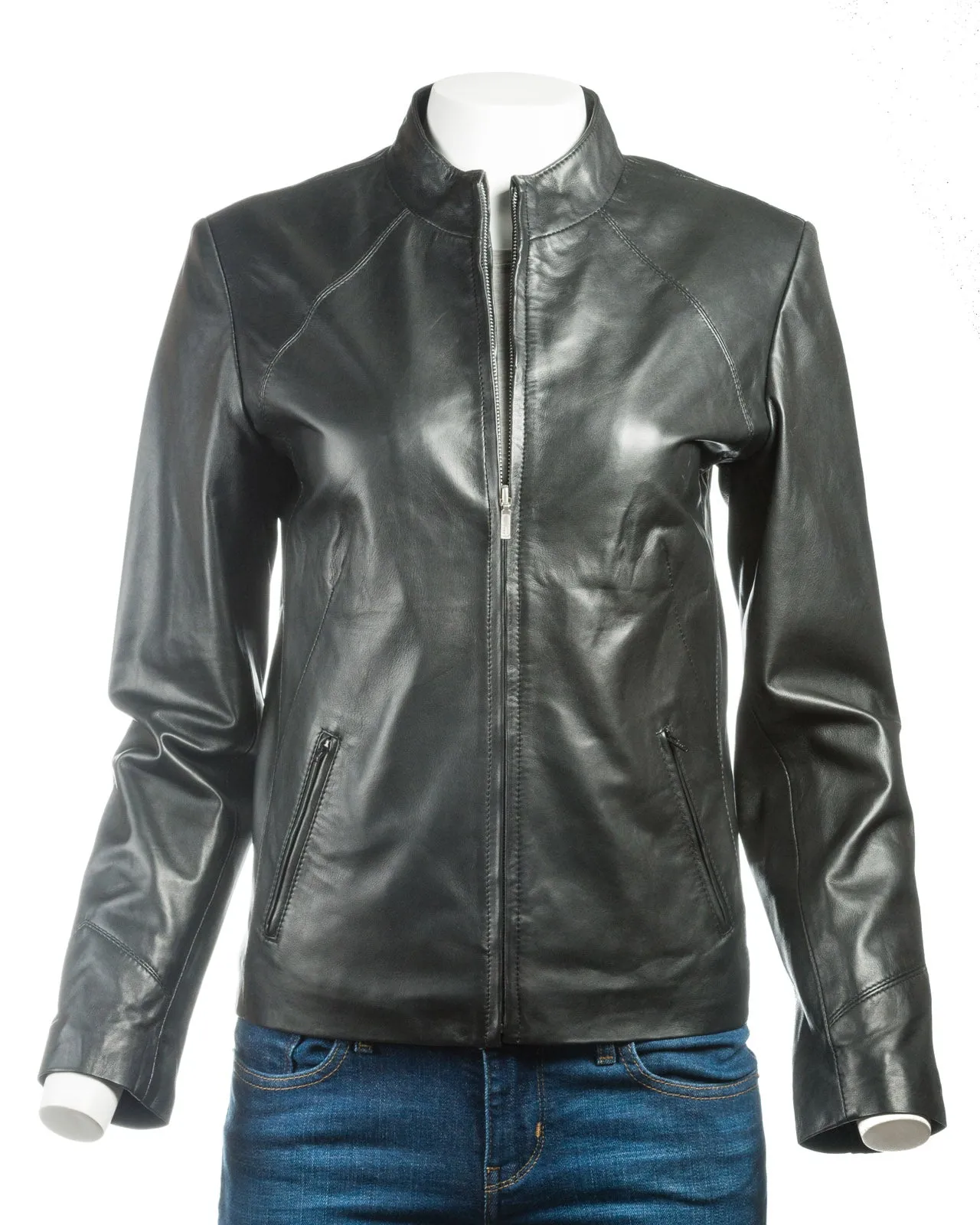 Ladies Tan Plain Short Zipped Leather Jacket: Angelina