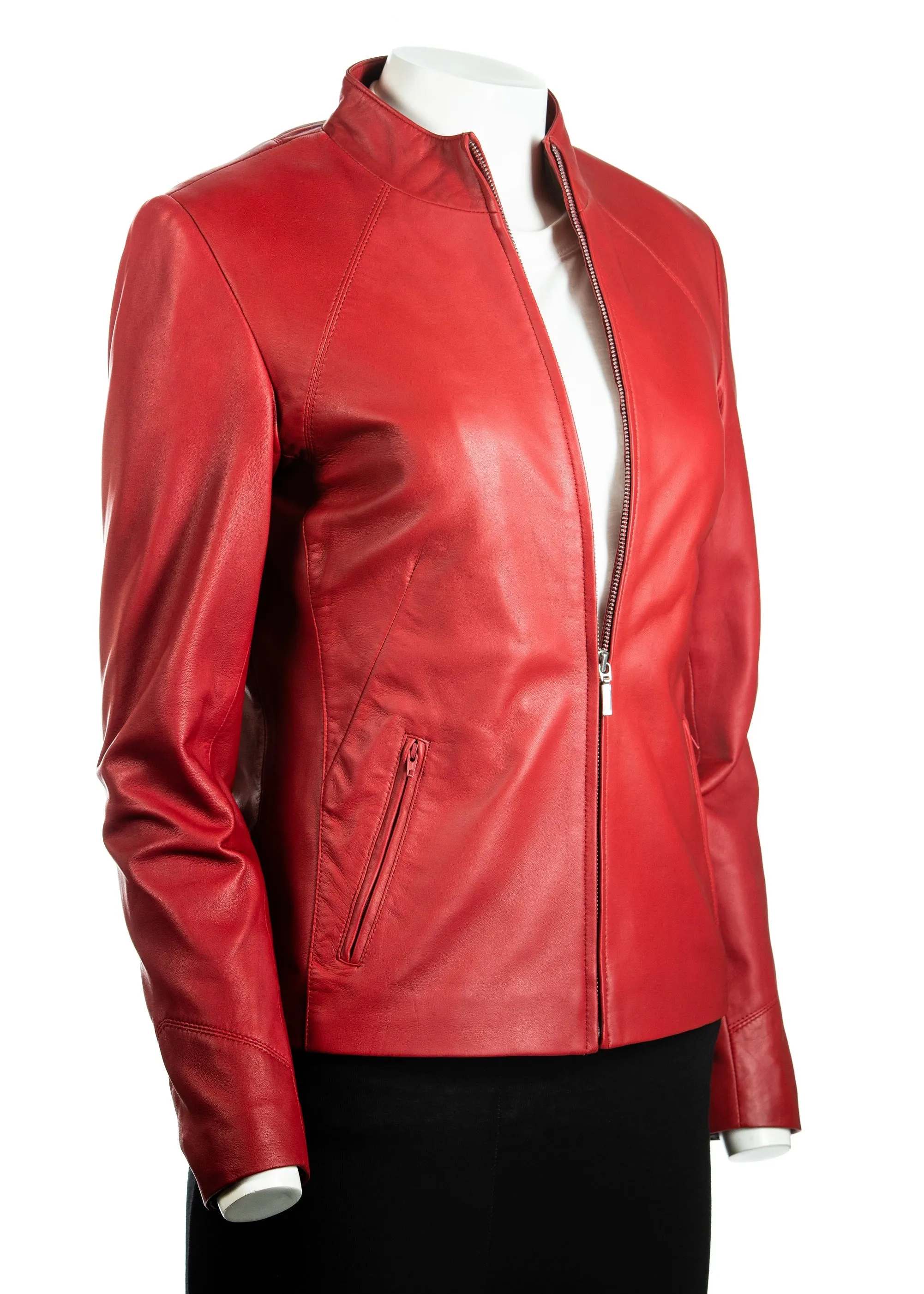 Ladies Tan Plain Short Zipped Leather Jacket: Angelina