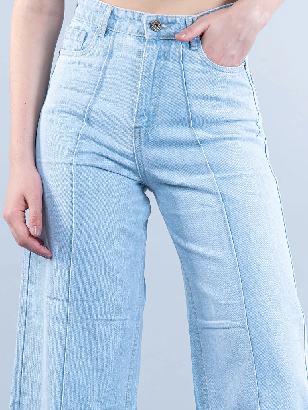 Light Blue Pleated Flared Jeans For Women