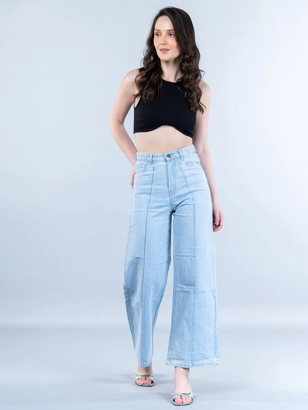 Light Blue Pleated Flared Jeans For Women