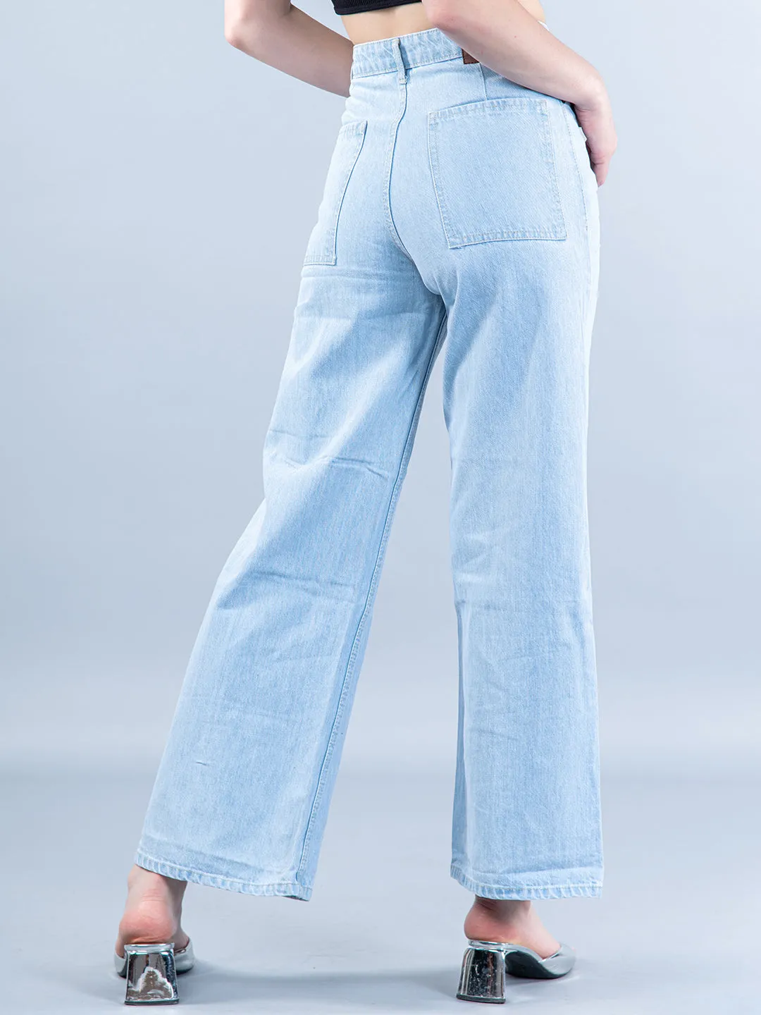 Light Blue Pleated Flared Jeans For Women