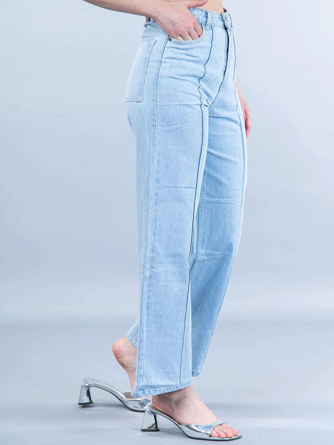 Light Blue Pleated Flared Jeans For Women