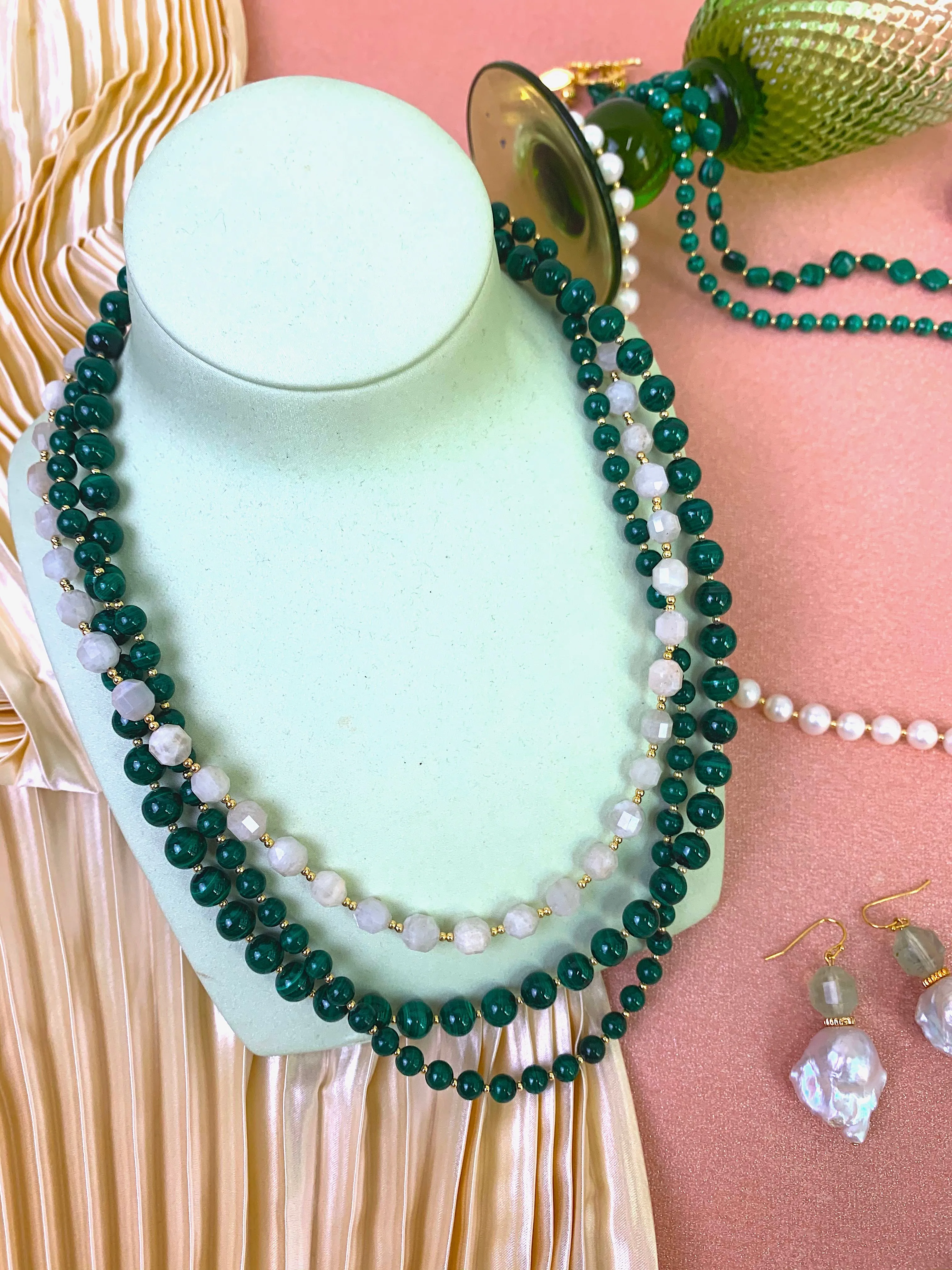 Malachite With Moon Stone Triple Strands Necklace EN004