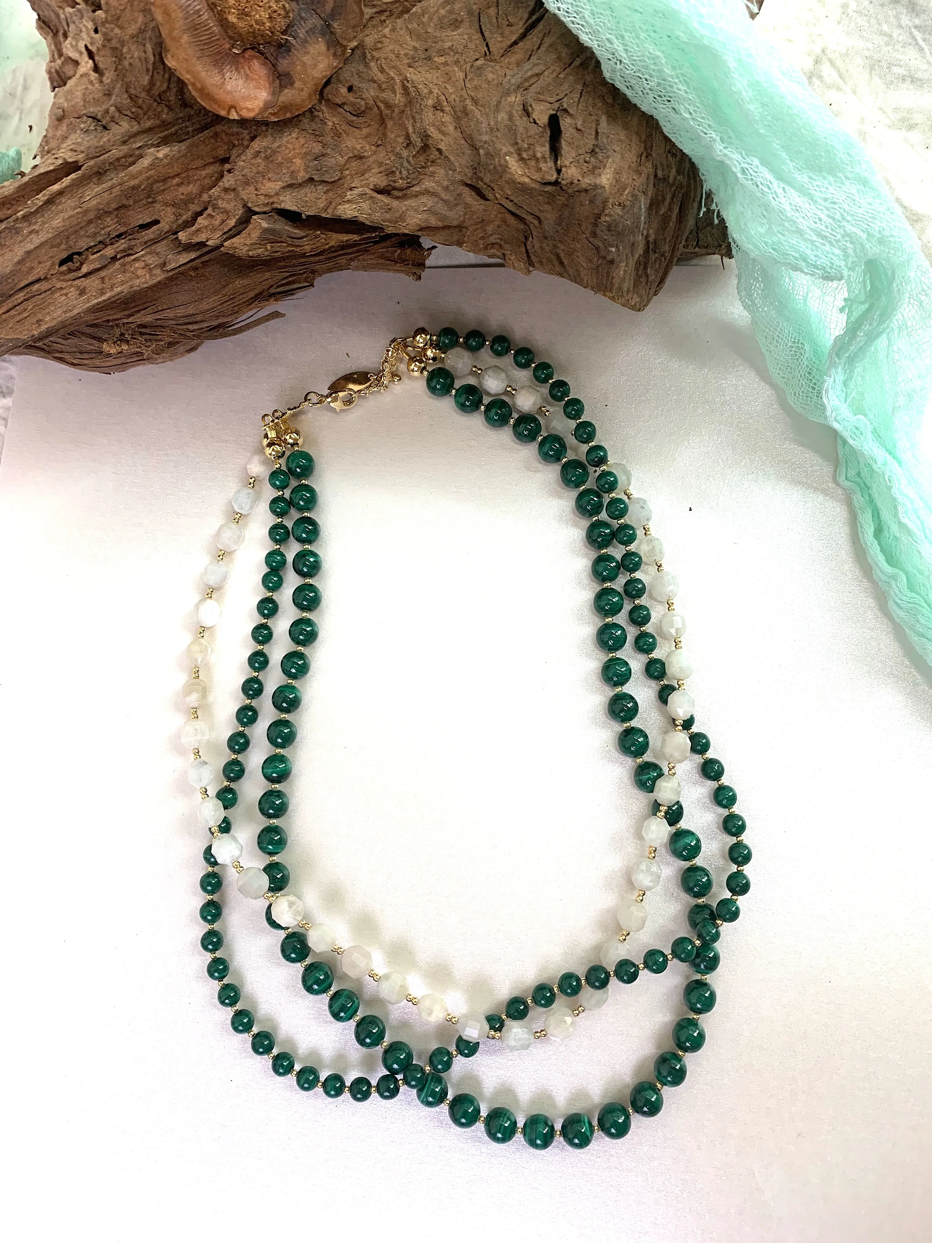 Malachite With Moon Stone Triple Strands Necklace EN004