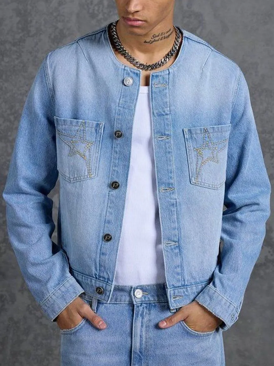 Men's Crew Neck Single Breasted Pocket Casual Denim Jacket