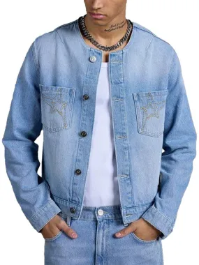 Men's Crew Neck Single Breasted Pocket Casual Denim Jacket