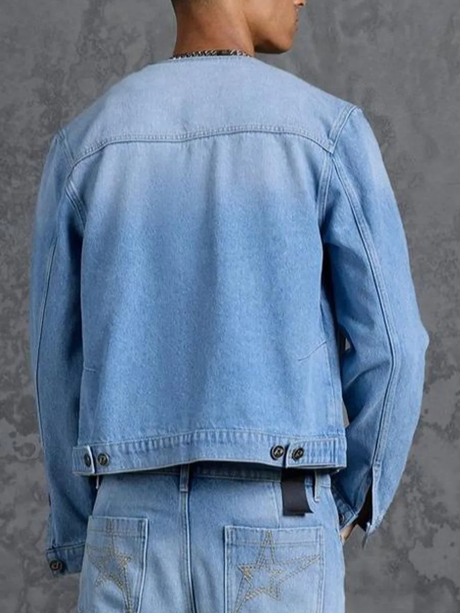 Men's Crew Neck Single Breasted Pocket Casual Denim Jacket