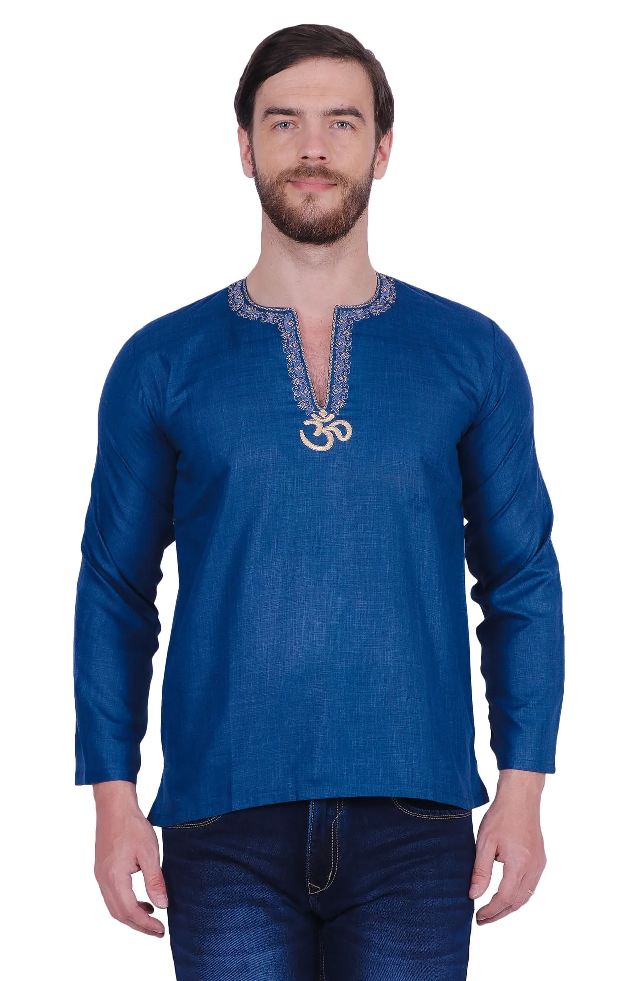 Men's Short Kurta OM Cotton Indian Traditional Clothes (Blue)