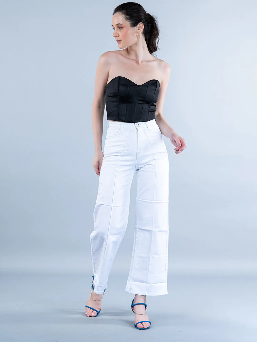 Modish White Pleated Flared Jeans For Women