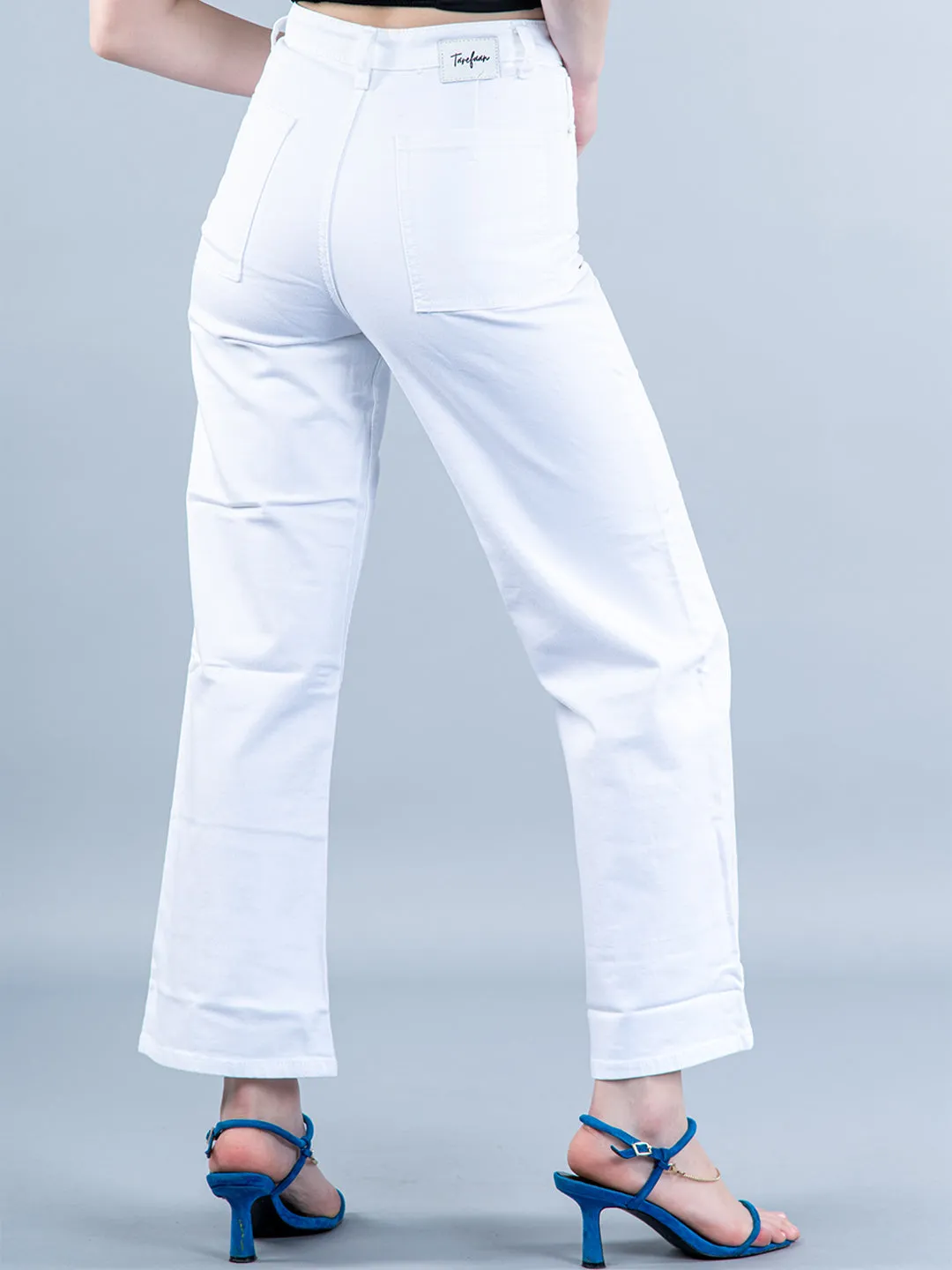 Modish White Pleated Flared Jeans For Women