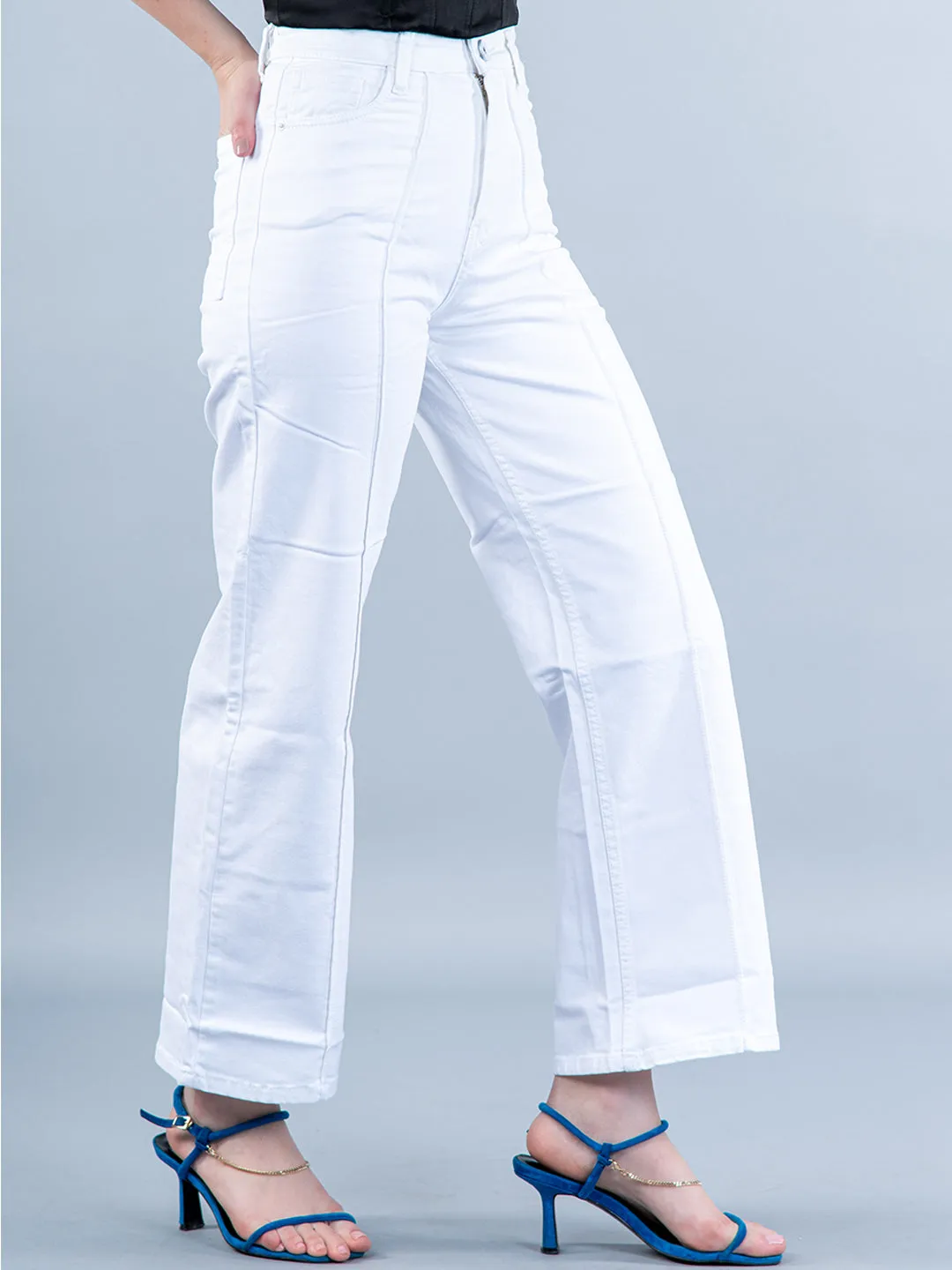 Modish White Pleated Flared Jeans For Women