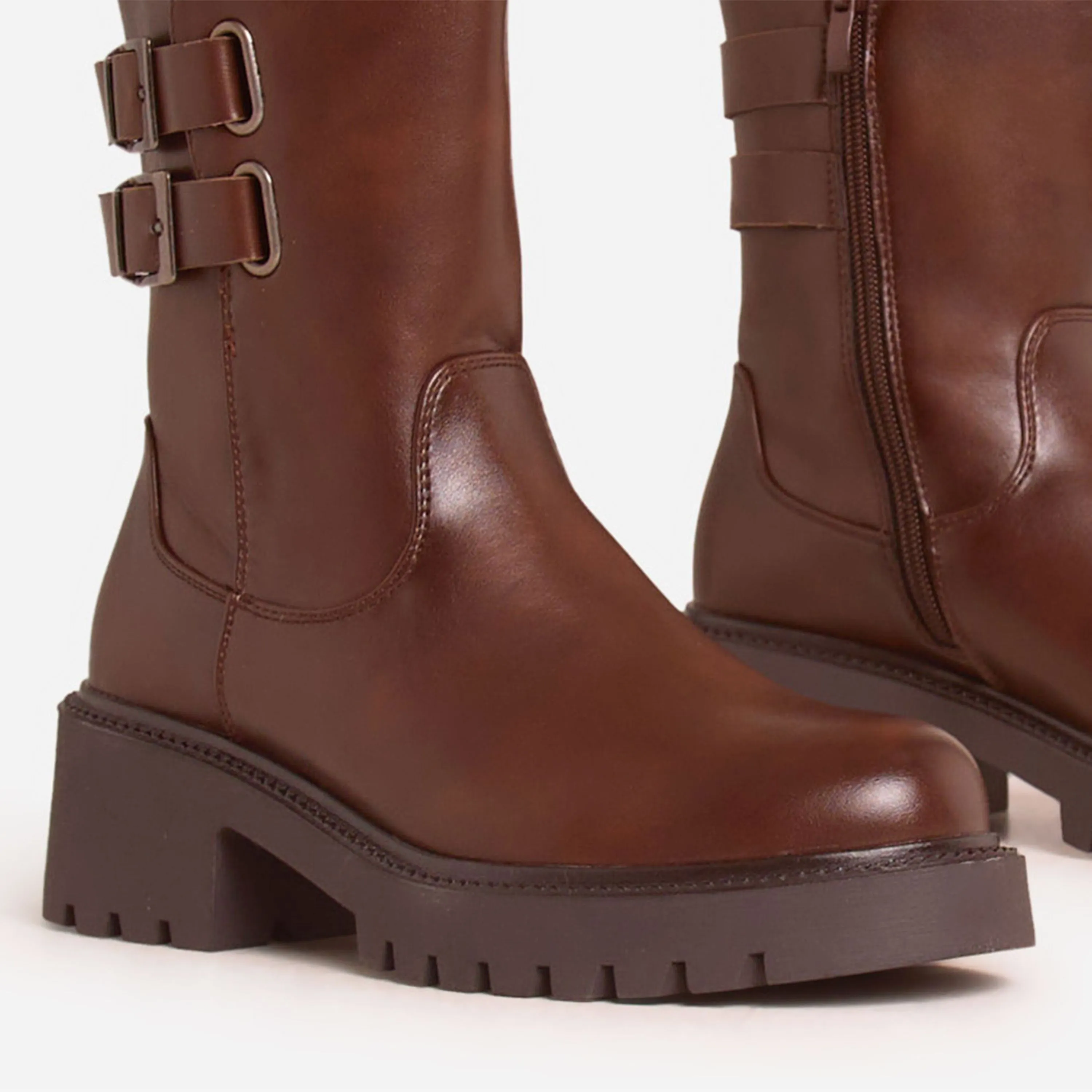 Nada Double Buckle Detail Chunky Sole Ankle Biker Boot In Brown Faux Leather