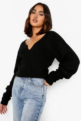 Notch Neck Rib Detail Sweater