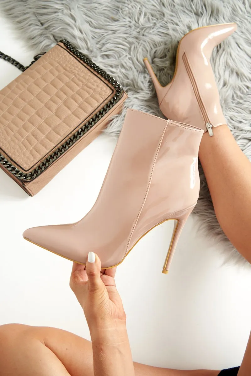 Nude Patent Pu Heeled Ankle Boots - Valetta